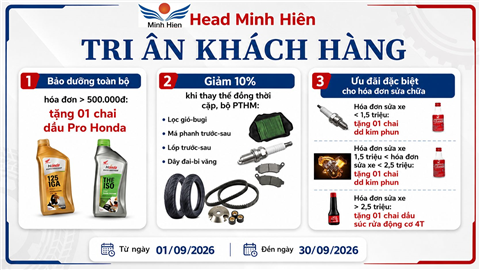 TRI ÂN KHÁCH HÀNTRI ÂN KHÁCH HÀNG – ƯU ĐÃI BẢO DƯỠNG, SỬA CHỮA XE MÁY THÁNG 09/2026G
