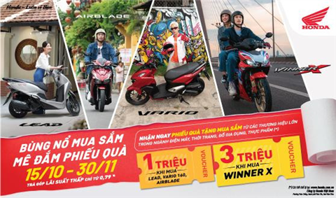 Tậu ngay “xế cưng” Honda cùng chương trình khuyến mại “Bùng nổ mua sắm, mê đắm phiếu quà”