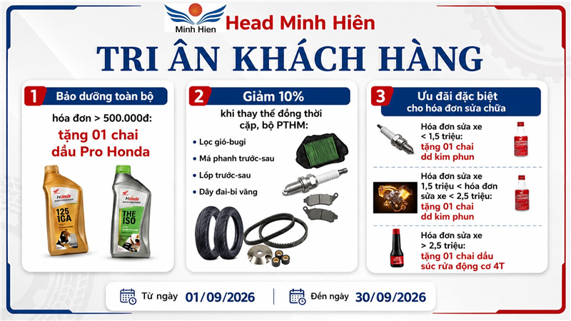TRI ÂN KHÁCH HÀNTRI ÂN KHÁCH HÀNG – ƯU ĐÃI BẢO DƯỠNG, SỬA CHỮA XE MÁY THÁNG 09/2026G
